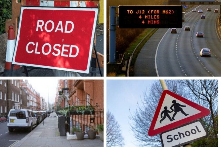 Roads of England and traffic signs.