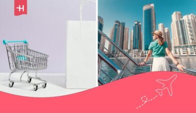 Woman in Dubai with views of skyscrapers and, in another image, a shopping trolley.