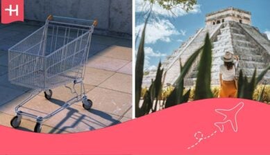Woman admiring a pyramid in Mexico and, in another photo, a supermarket shopping trolley.