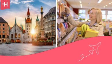 Marienplatz square and, in another image, a woman shopping in a supermarket.