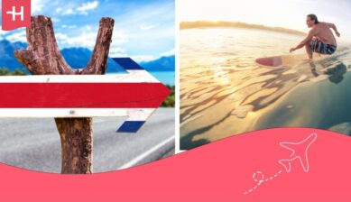 Boy surfing on a wave and in another image an arrow with the flag of Costa Rica.