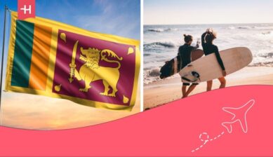 Flag of Sri Lanka and two young people with surfboards on the beach