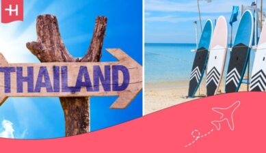 Poster with an arrow and the name Thailand, and another image showing surfboards stuck in the sand.