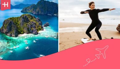 Philippine Island and a woman standing on a board on the sand