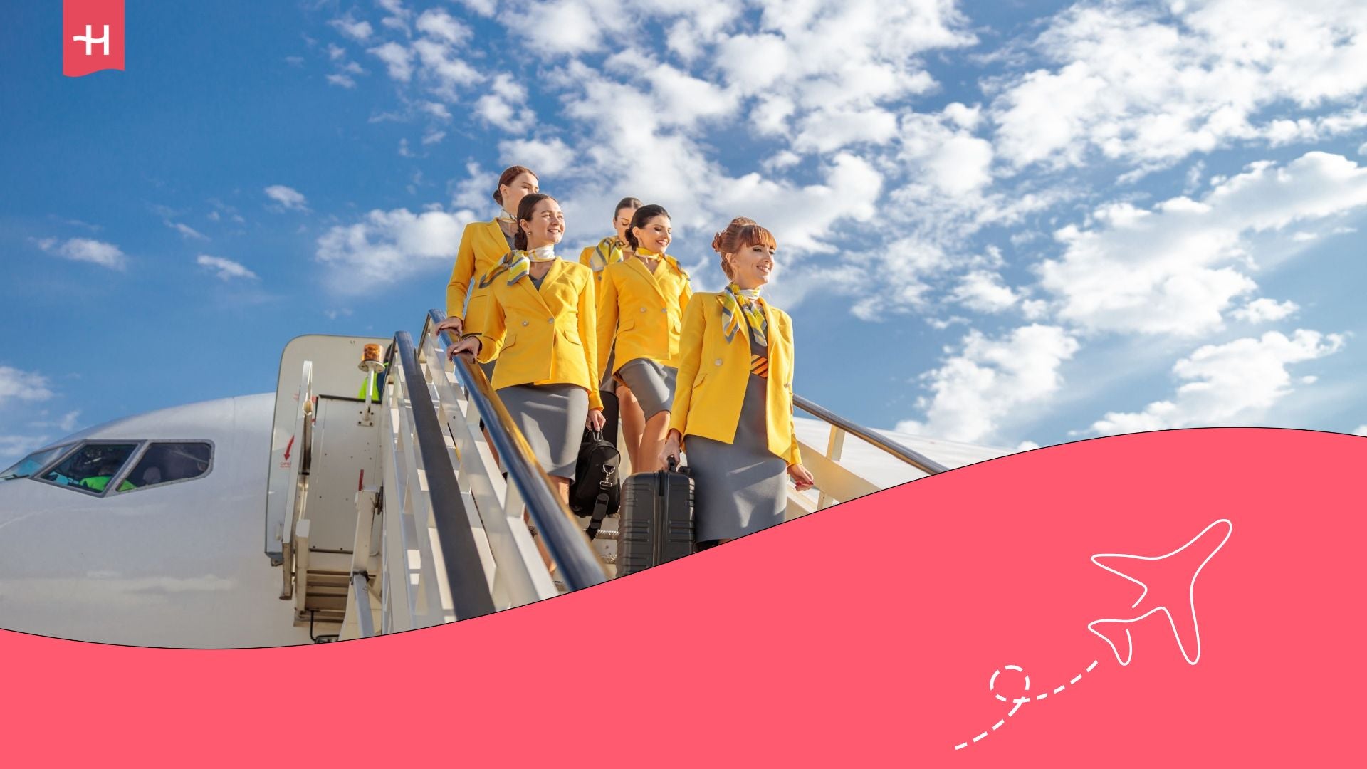 Flight attendants from the best flight attendant school in Australia deboarding a plane at an airport.
