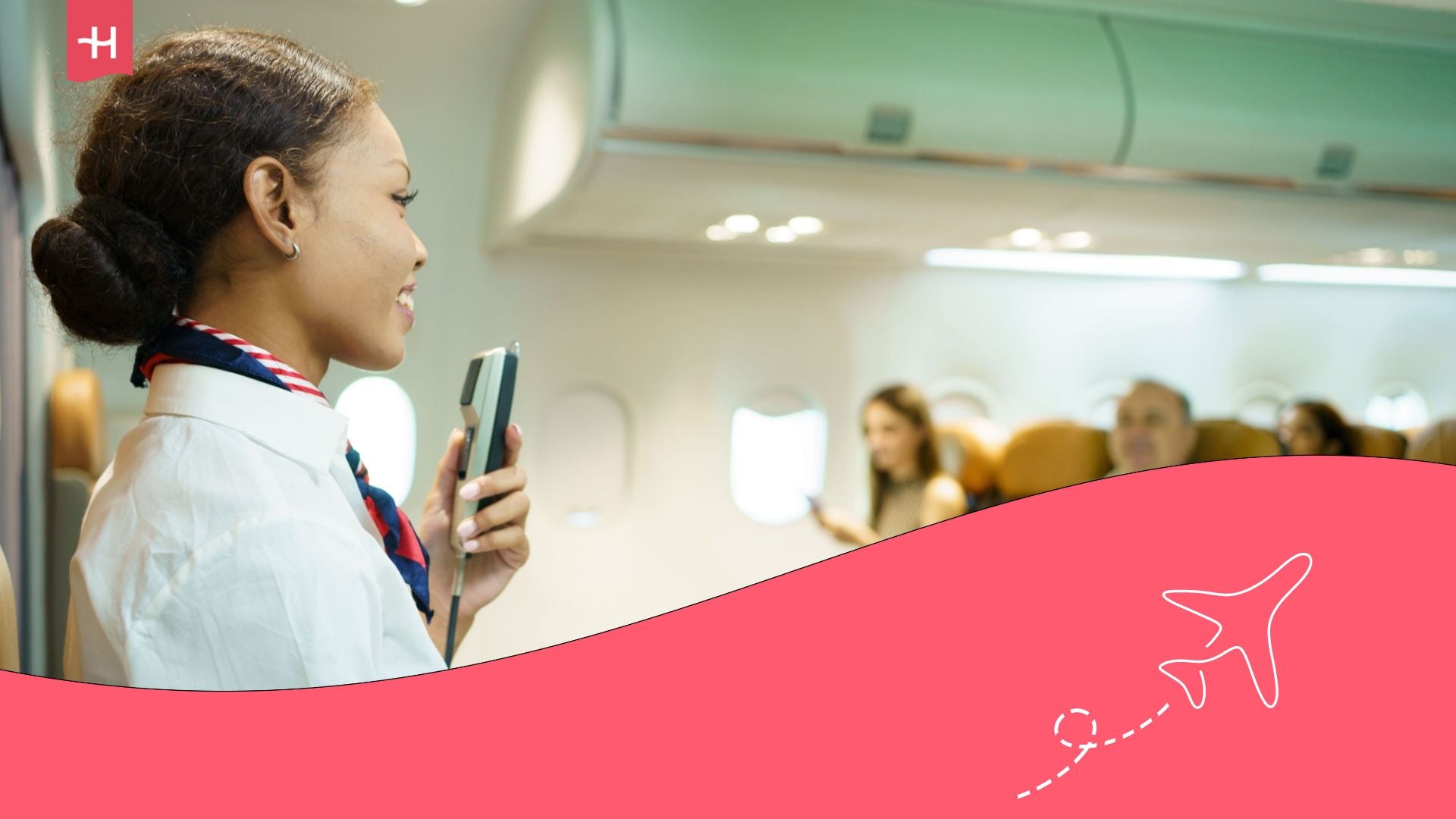 A flight attendant making an announcement before take-off.
