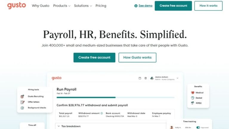 Gusto HR software homepage