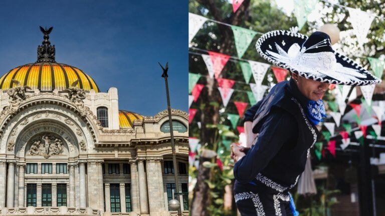 Palacio de Bellas Artes and a mariachi performer in traditional Mexican clothing.