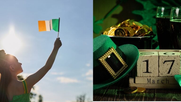 Woman waving an Irish flag beside St. Patrick’s Day decorations and a March 17 calendar.