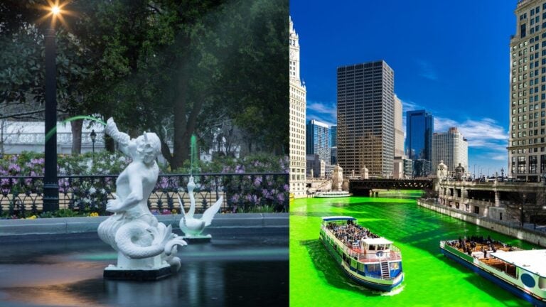 Green Forsyth Park fountain in Savannah and Chicago River dyed green for St. Patrick’s Day.