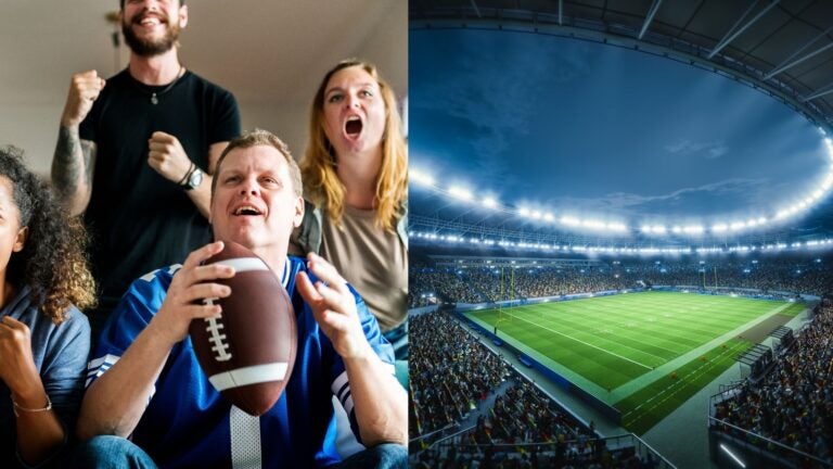 Football fans cheering at home beside a packed stadium under bright lights.