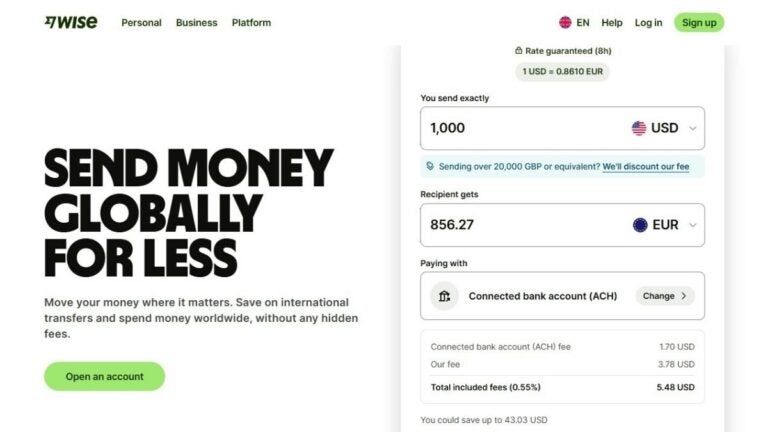 Wise Business Banking Homepage