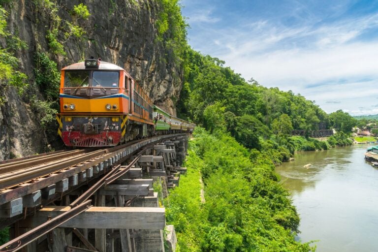Thai Train on River Kwai Bridge of Kanchanaburi