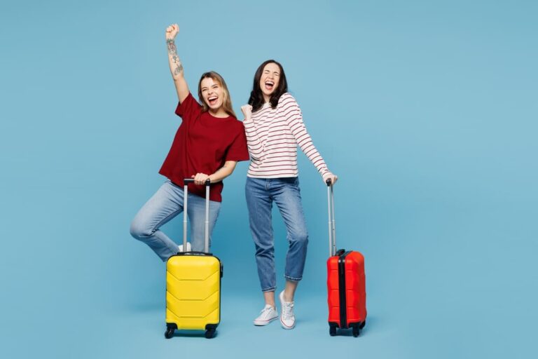 Traveler couple two friends women wear red casual clothes hold bag.