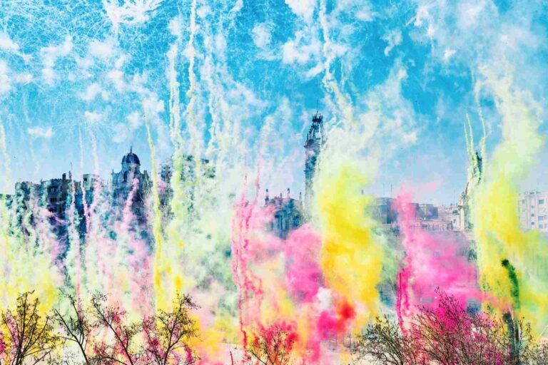 Valencia’s Town Hall Square colorful smoke