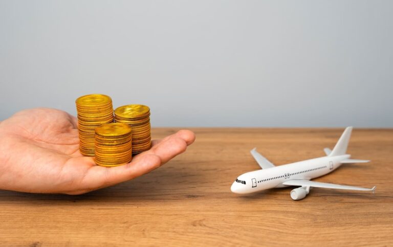 Passenger airplane with stacked coins symbolizing flight costs and airfare budgeting for international travel