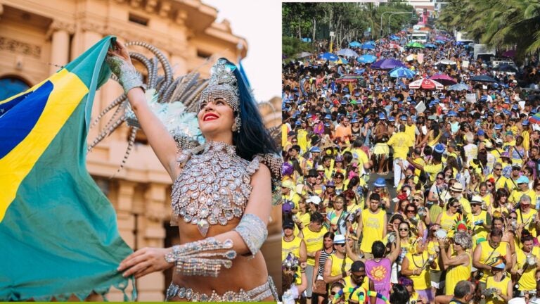 Carnival performer holding a Brazilian flag beside a crowded street parade in Rio de Janeiro.