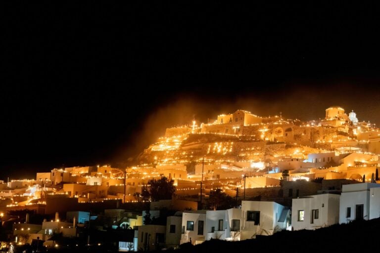 Thousands of lanterns are lighten within the village in Santorini.