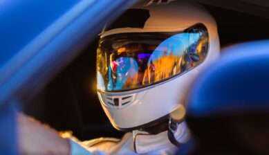 Close-up of an F1 driver in a white full-face racing helmet with a gold mirrored visor, seated inside a race car