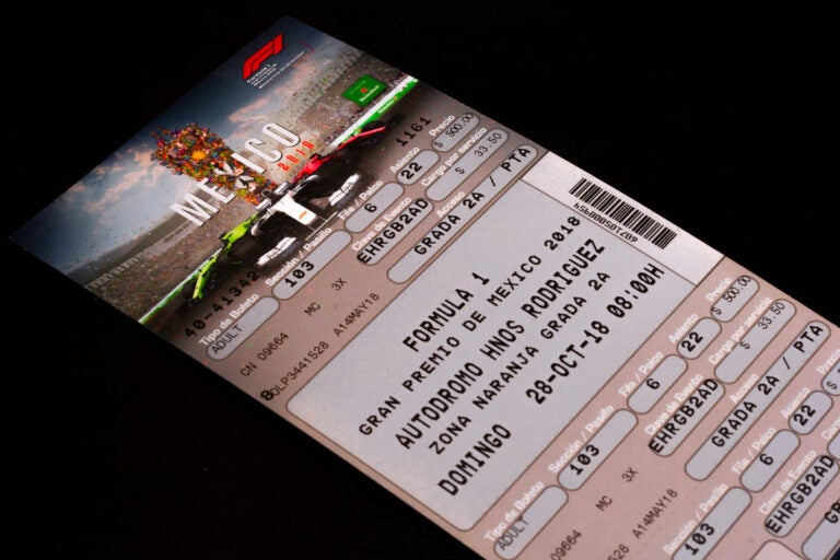 Ticket for the Formula 1 Grand Prix in Mexico City against a dark background