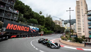 Lewis Hamilton driving a Mercedes AMG F1 car during Monaco Grand Prix practice at Circuit de Monaco