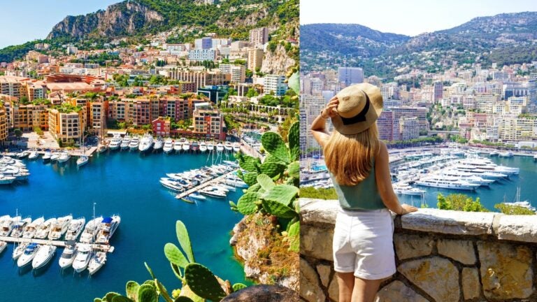 Monaco’s yacht-filled harbors and a traveler admiring panoramic views over Monte Carlo.