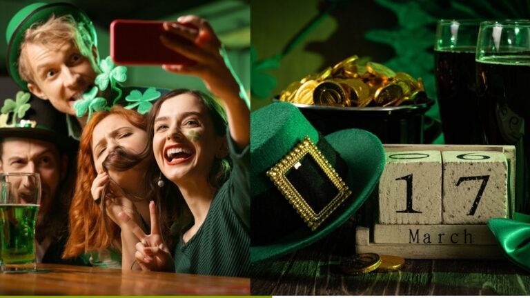 Friends taking a festive selfie beside St. Patrick’s Day decorations and a March 17 calendar.