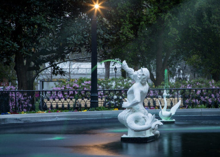 Forsyth Park fountain flowing green for St. Patrick’s Day in Savannah.
