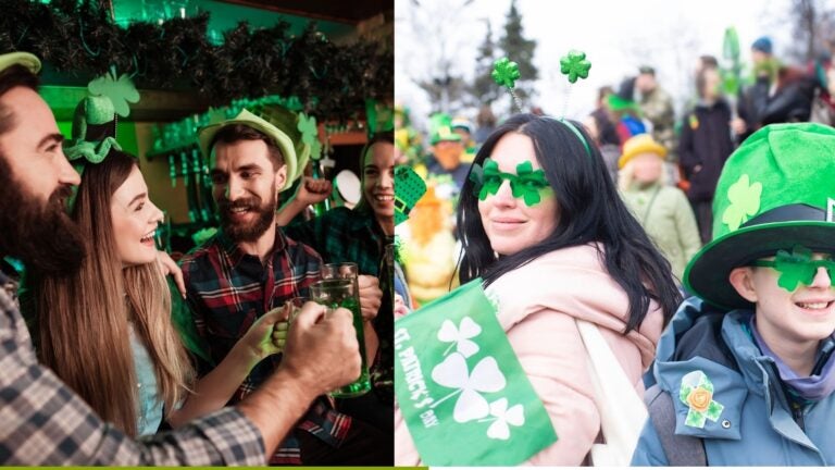 Friends celebrating in a decorated pub beside paradegoers wearing green shamrock accessories.