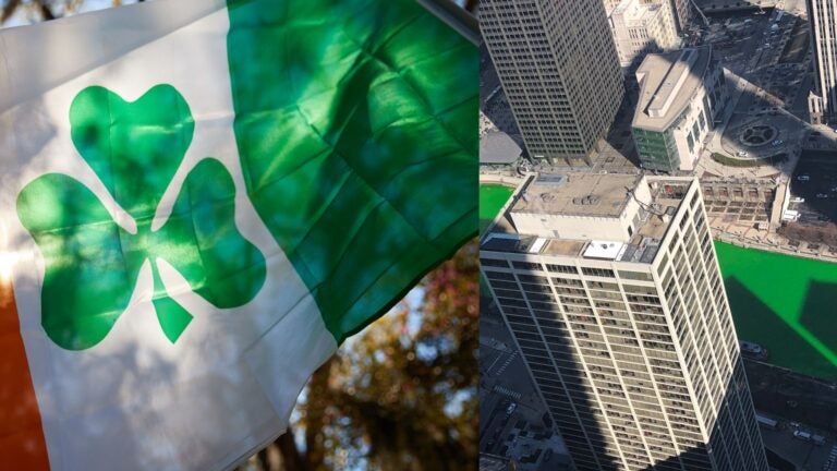 Shamrock flag beside an aerial view of the Chicago River dyed green for St. Patrick’s Day.