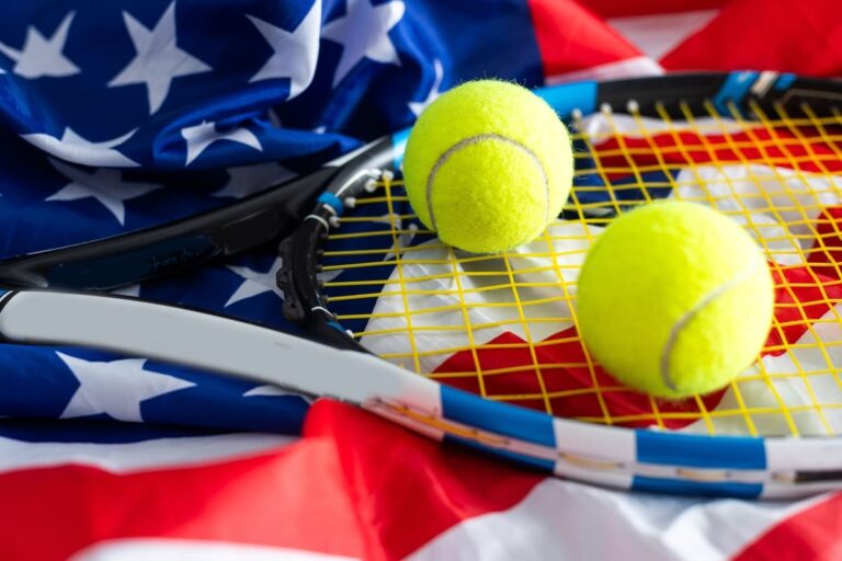 US Open tennis concept with American flag and tennis ball representing the New York Grand Slam