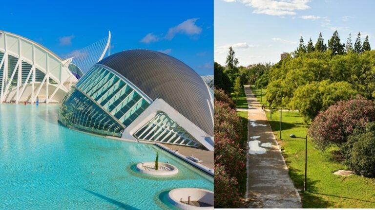 City of Arts and Sciences beside a green path in Valencia’s Turia Gardens.