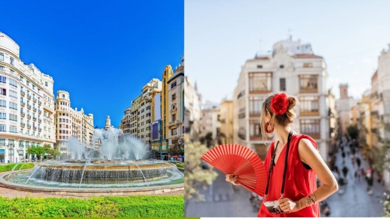 Valencia’s City Hall Square fountain and a tourist exploring the historic city center.