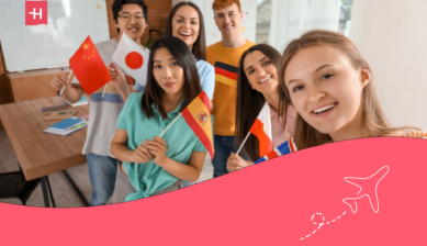 International students holding flags