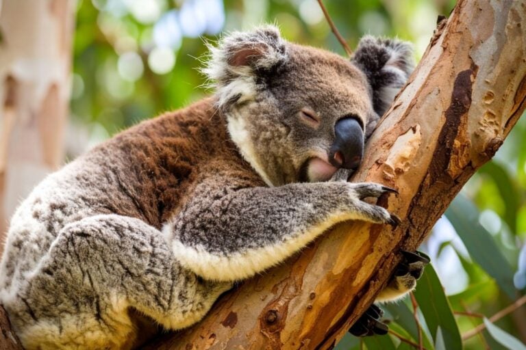 Koala sleeping eucalyptus gum tree