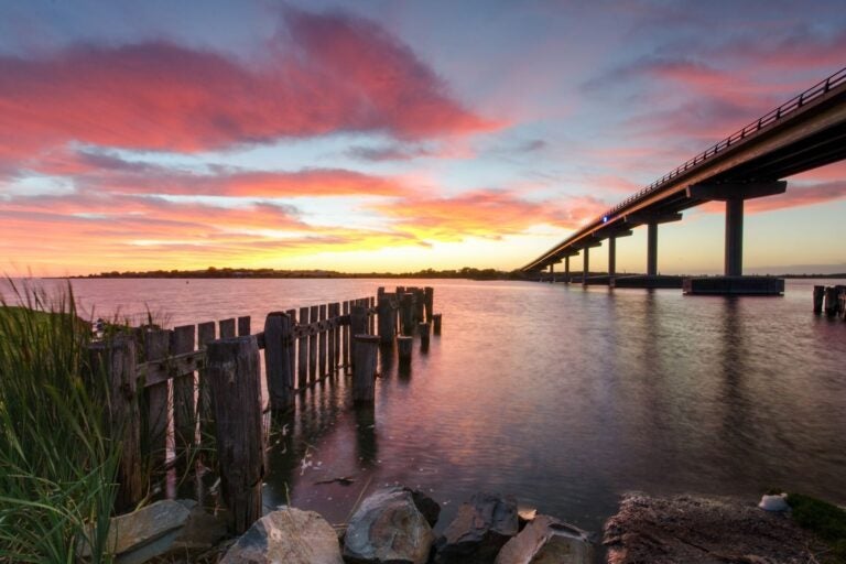 Sunrise scene of Goolwa Bridge. 