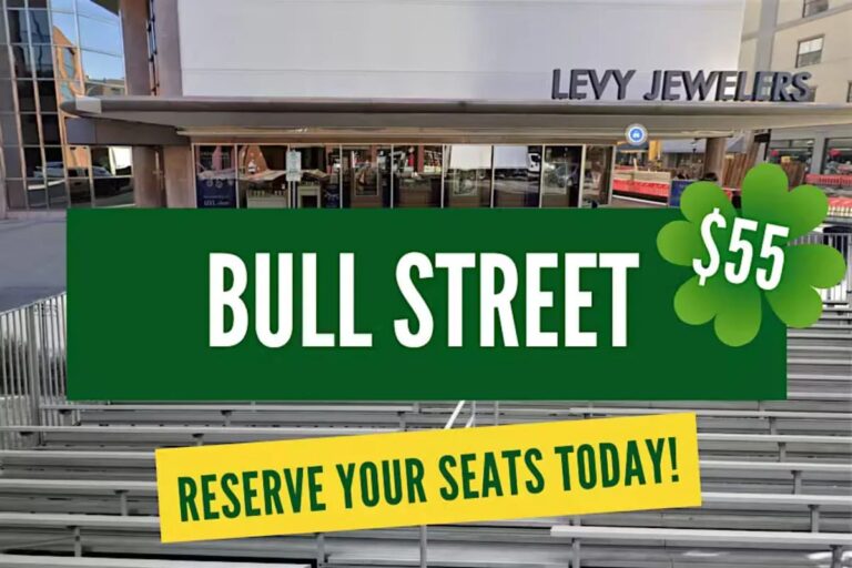 Spectator bleachers set up along Bull Street for Savannah St. Patrick’s Day parade