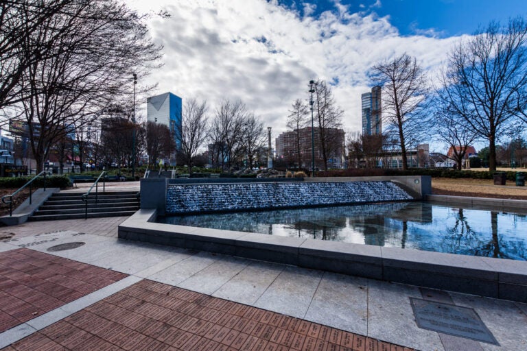 Centennial Olympic Park with Atlanta city skyline in the background