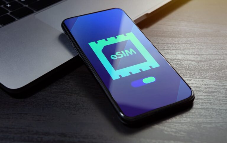 Smartphone displaying eSIM technology concept icon representing embedded SIM connectivity on the iPhone 17e