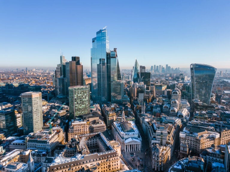 Aerial view of London skyline near several Bridgerton filming locations
