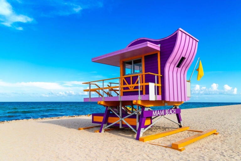 Colorful lifeguard tower on Miami's South Beach on a sunny day