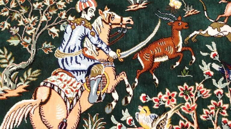 A traditional Persian carpet showing a man on a horse