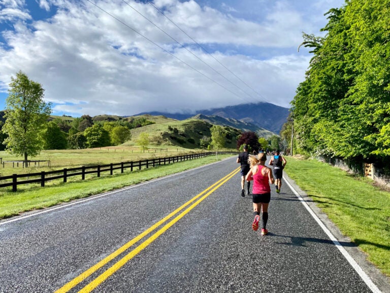 Runner participating in the Queenstown Half Marathon along a scenic road with mountains and trees in New Zealand