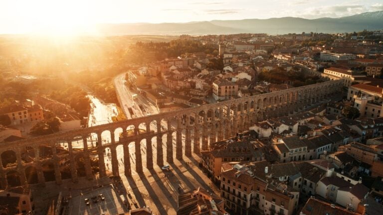 top view of the roman aqueduct in segovia city center