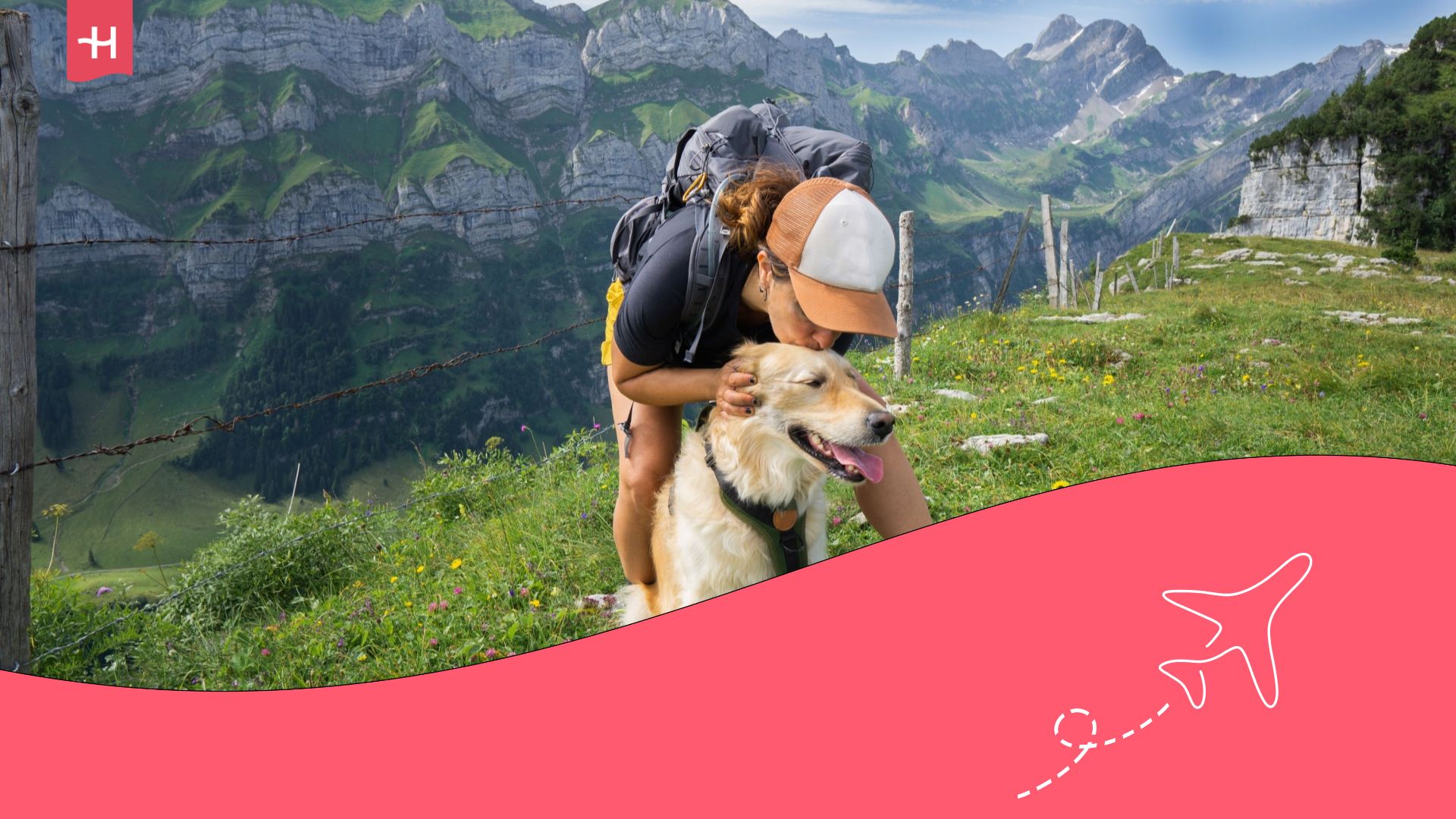A woman exploring with her dog who she traveled with to Europe.