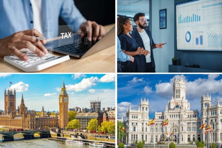A picture of Madrid and London, and people assessing taxes