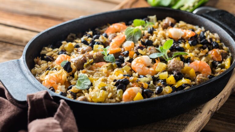 Spicy homemade Cajun jambalaya with sausage and shrimp at New Orleans Jazz Fest