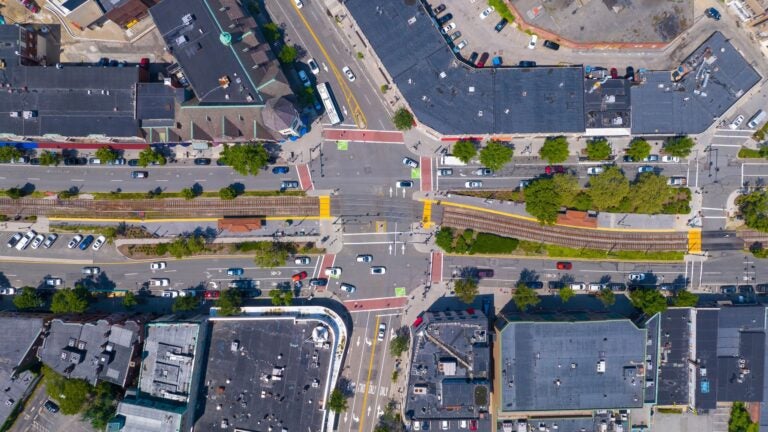 Historic SS Pierce Building at Coolidge Corner, Brookline, near the Boston Marathon course at miles 23–24