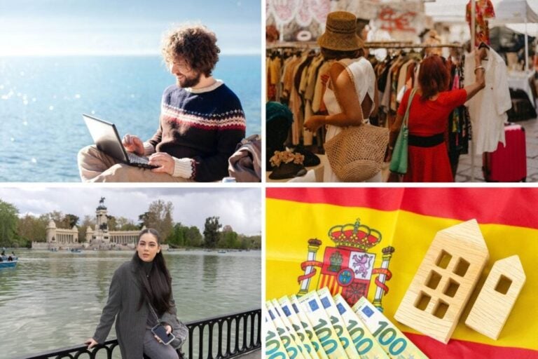 A digital nomad working on the beach, a woman shopping for clothes, and another woman enjoying Retiro Park in Madrid.