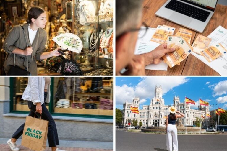 People shopping in Spain, a girl looking at a fan in a store, a person carrying a Black Friday bag, and a girl strolling through Madrid